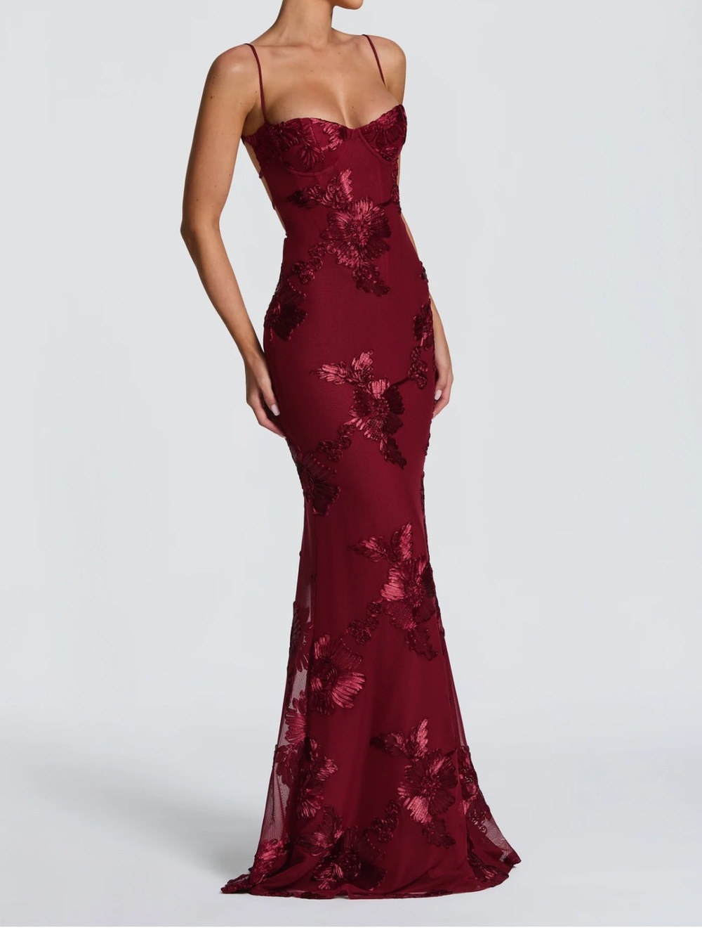 Burgundy Floral Sequin Maxi Dress with Spaghetti Straps